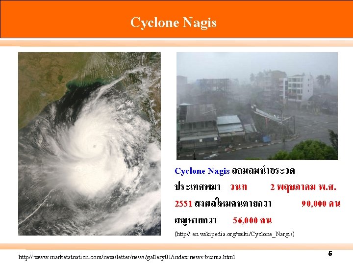 Cyclone Nagis ถลมลมนำอระวด ประเทศพมา วนท 2 พฤษภาคม พ. ศ. 2551 สงผลใหมคนตายกวา 90, 000 คน