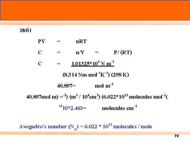 วธทำ PV C C = n. RT = n/V = P/ (RT) = 1.