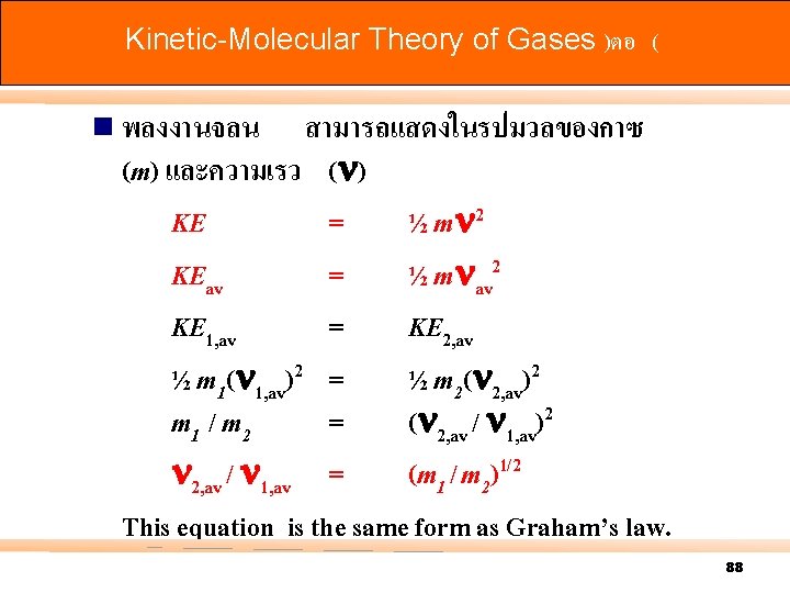 Kinetic-Molecular Theory of Gases )ตอ ( n พลงงานจลน สามารถแสดงในรปมวลของกาซ (m) และความเรว ( ) KE