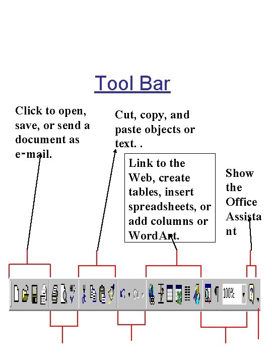 Tool Bar Click to open, save, or send a document as e‑mail. Cut, copy,