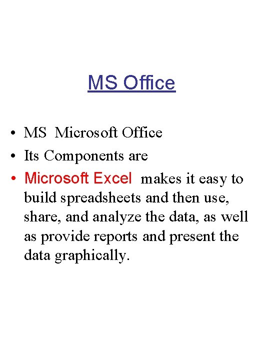 MS Office • MS Microsoft Office • Its Components are • Microsoft Excel makes