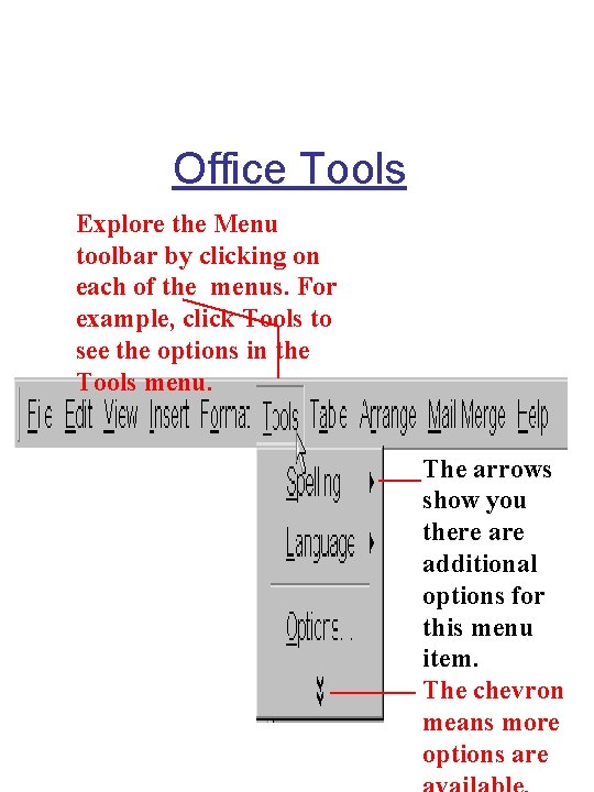 Office Tools Explore the Menu toolbar by clicking on each of the menus. For