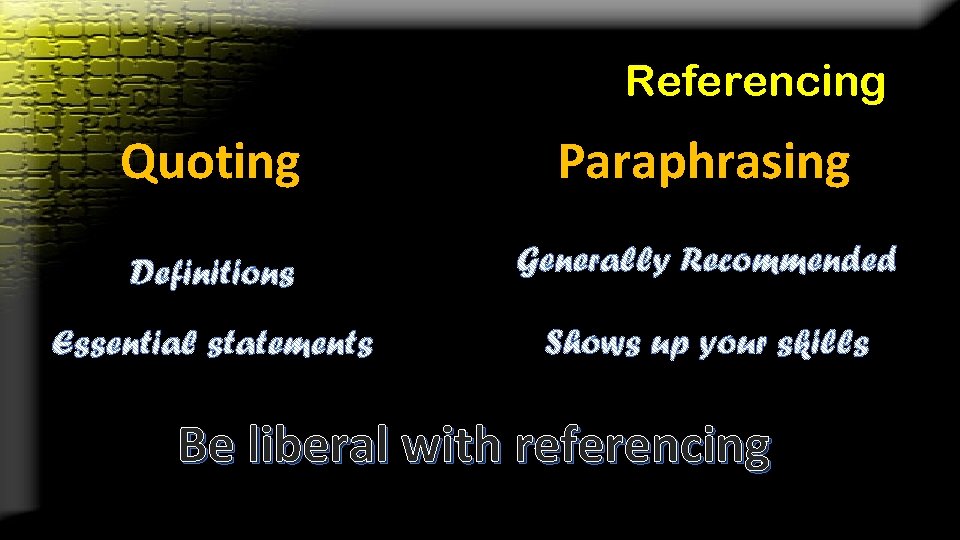 Referencing Quoting Paraphrasing Be liberal with referencing 