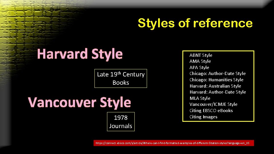 Styles of reference Harvard Style Late 19 th Century Books Vancouver Style 1978 Journals