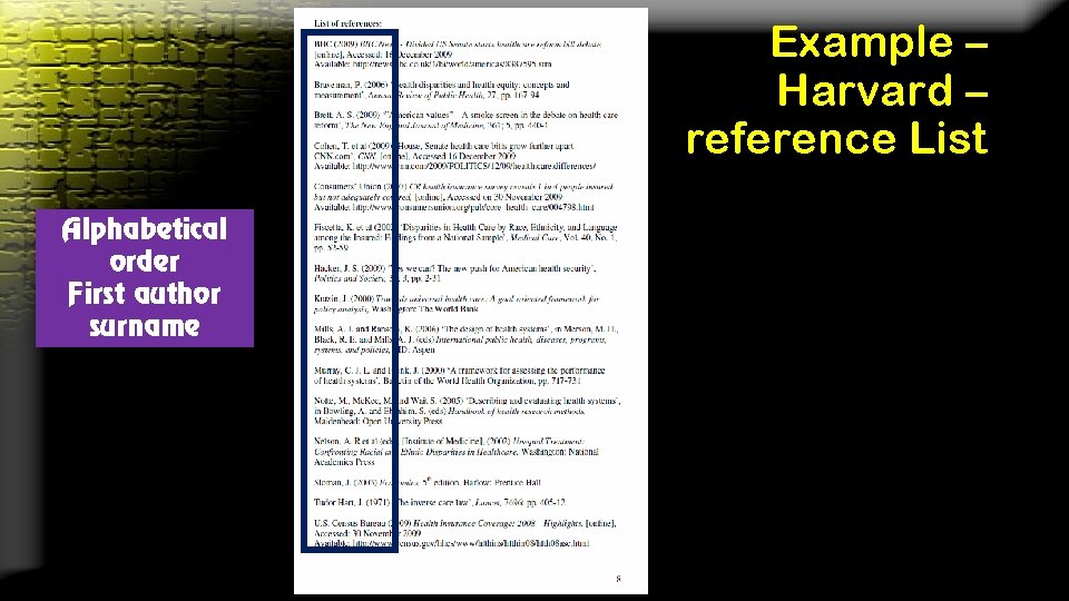 Example – Harvard – reference List Alphabetical order First author surname 