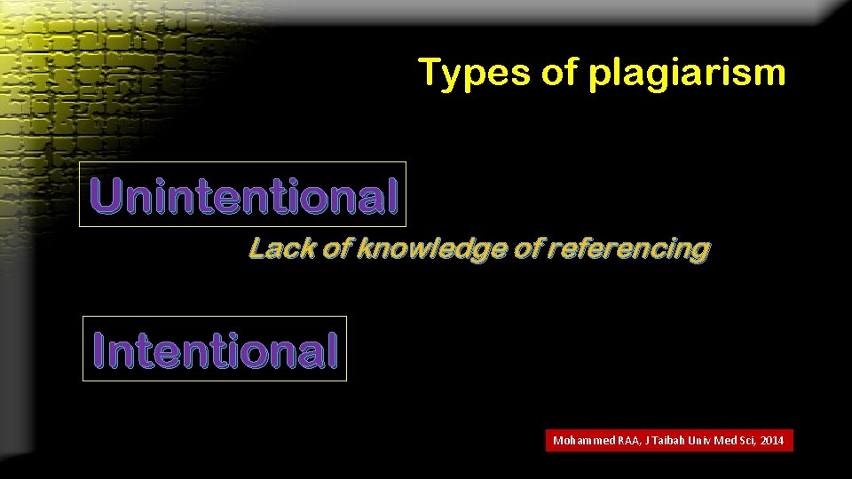 Types of plagiarism Unintentional Lack of knowledge of referencing Intentional Mohammed RAA, J Taibah