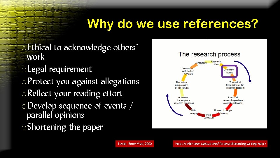 Why do we use references? o. Ethical to acknowledge others’ work o. Legal requirement