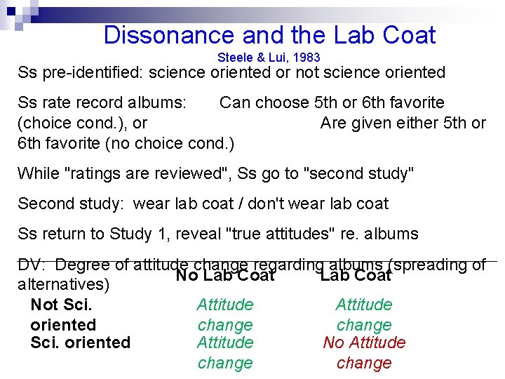 Dissonance and the Lab Coat Steele & Lui, 1983 Ss pre-identified: science oriented or