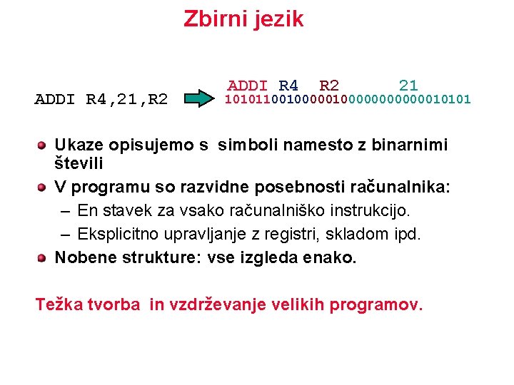 Zbirni jezik ADDI R 4, 21, R 2 ADDI R 4 R 2 21