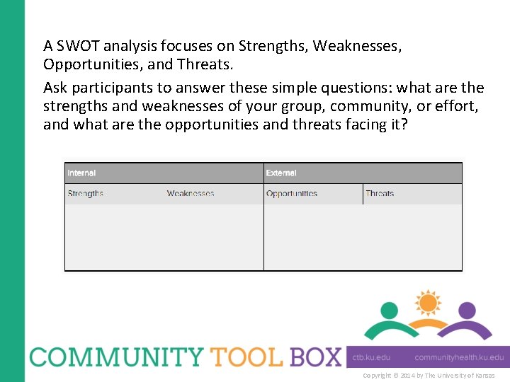 A SWOT analysis focuses on Strengths, Weaknesses, Opportunities, and Threats. Ask participants to answer