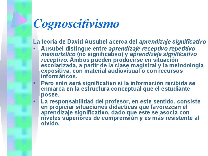 Cognoscitivismo La teoría de David Ausubel acerca del aprendizaje significativo • Ausubel distingue entre