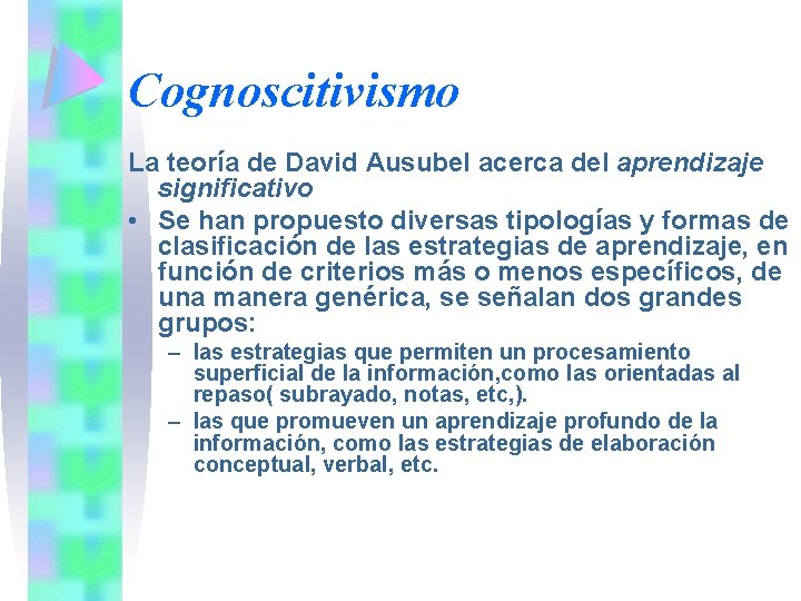 Cognoscitivismo La teoría de David Ausubel acerca del aprendizaje significativo • Se han propuesto