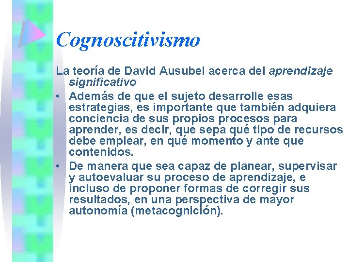 Cognoscitivismo La teoría de David Ausubel acerca del aprendizaje significativo • Además de que