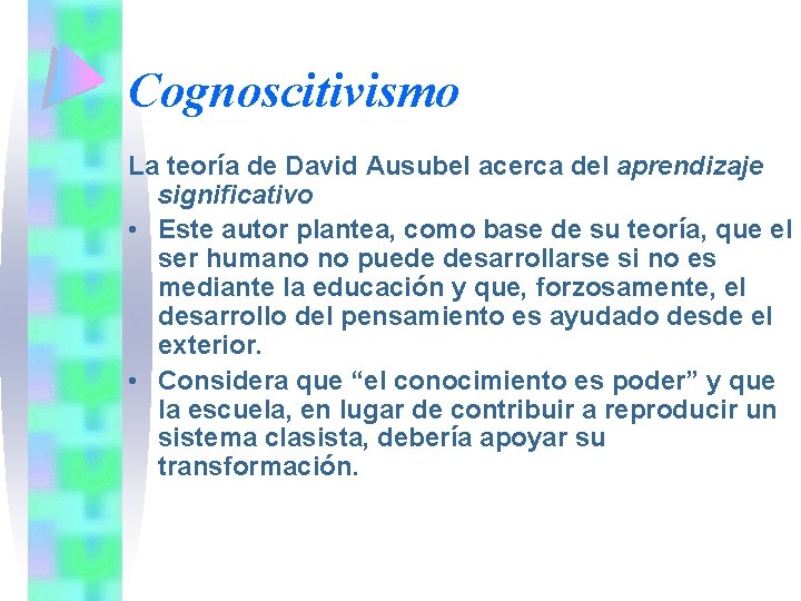 Cognoscitivismo La teoría de David Ausubel acerca del aprendizaje significativo • Este autor plantea,