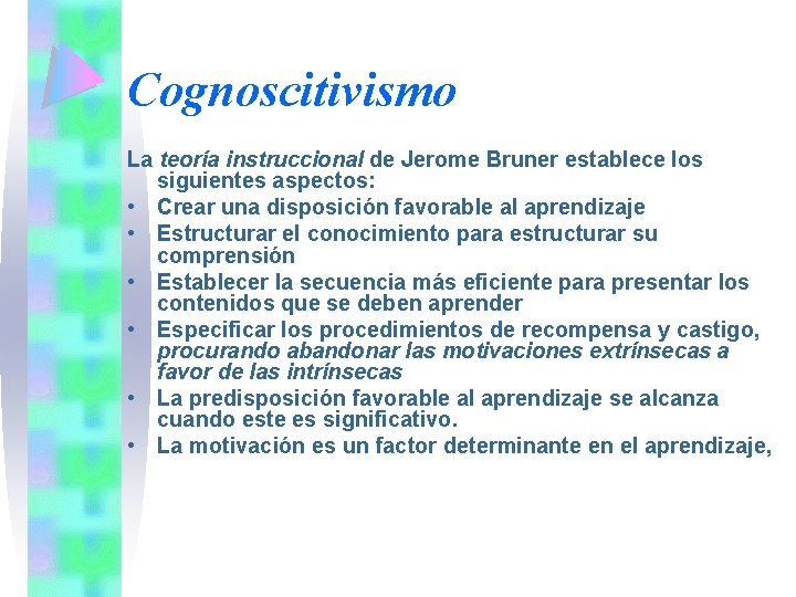 Cognoscitivismo La teoría instruccional de Jerome Bruner establece los siguientes aspectos: • Crear una