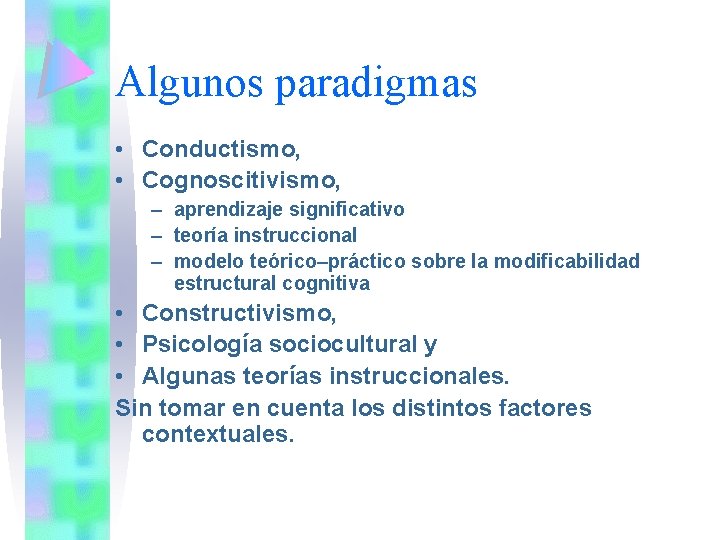 Algunos paradigmas • Conductismo, • Cognoscitivismo, – aprendizaje significativo – teoría instruccional – modelo