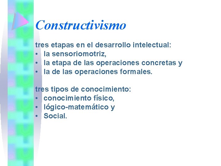 Constructivismo tres etapas en el desarrollo intelectual: • la sensoriomotriz, • la etapa de