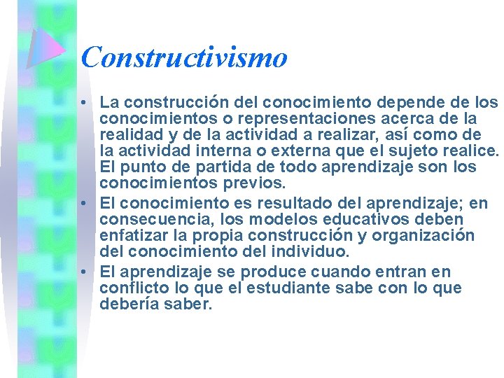 Constructivismo • La construcción del conocimiento depende de los conocimientos o representaciones acerca de