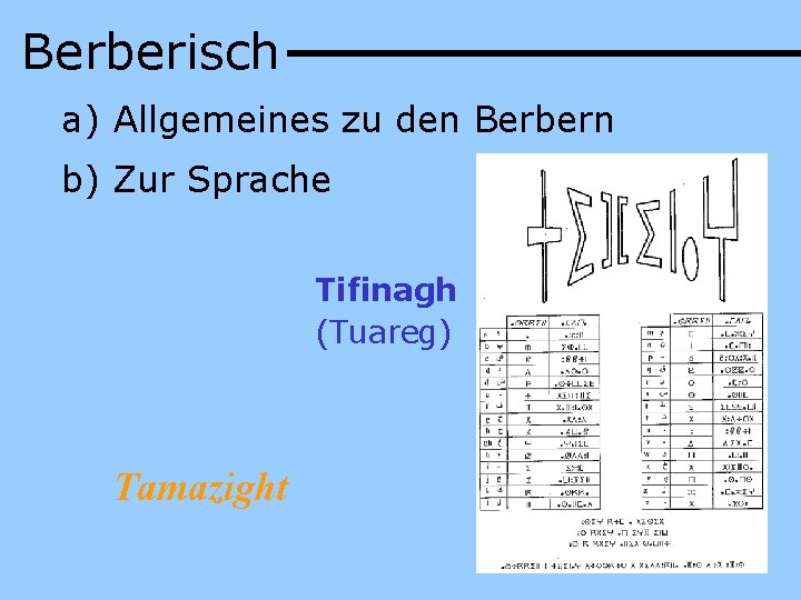 Berberisch a) Allgemeines zu den Berbern b) Zur Sprache Tifinagh (Tuareg) Tamazight 