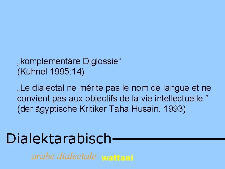 „komplementäre Diglossie“ (Kühnel 1995: 14) „Le dialectal ne mérite pas le nom de langue