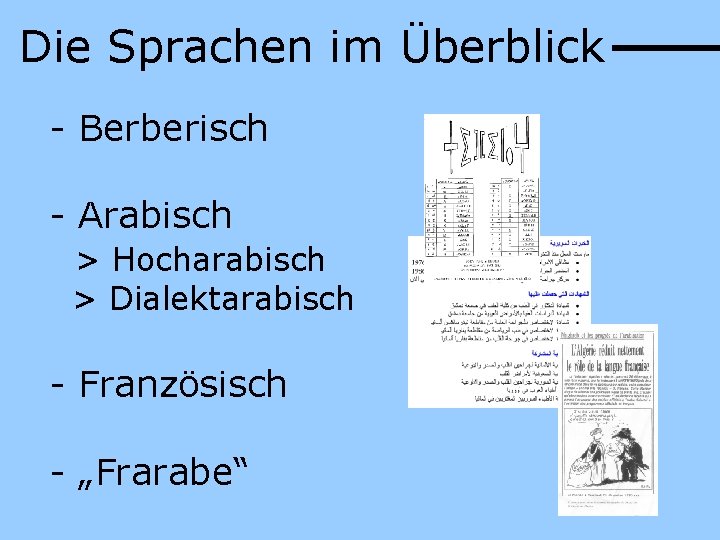 Die Sprachen im Überblick - Berberisch - Arabisch > Hocharabisch > Dialektarabisch - Französisch