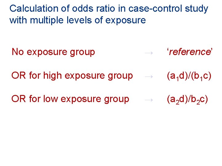 Calculation of odds ratio in case-control study with multiple levels of exposure No exposure Calculation of odds ratio in case-control study with multiple levels of exposure No exposure