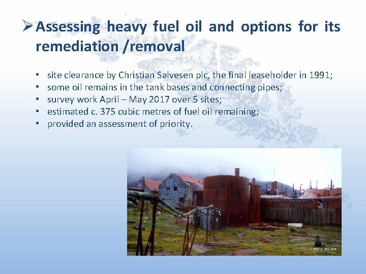 Ø Assessing heavy fuel oil and options for its remediation /removal • • •