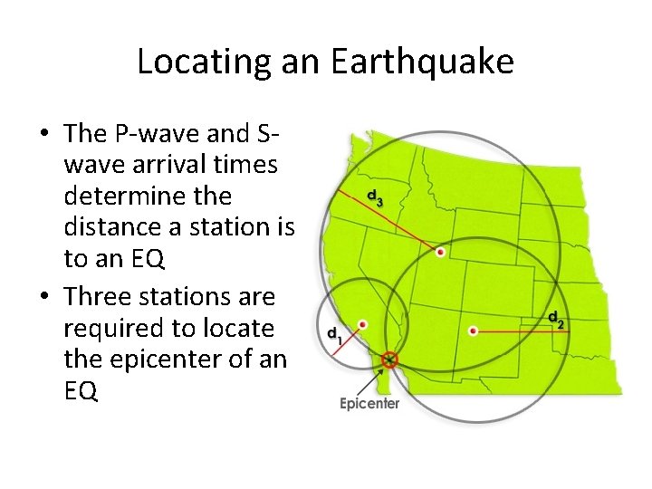 Locating an Earthquake • The P-wave and Swave arrival times determine the distance a