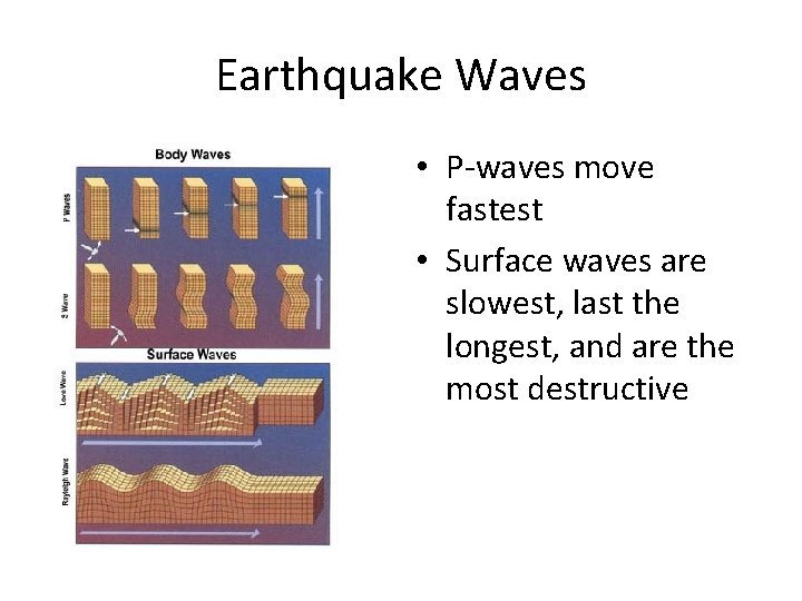 Earthquake Waves • P-waves move fastest • Surface waves are slowest, last the longest,