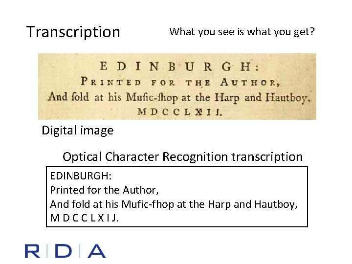 Transcription What you see is what you get? Digital image Optical Character Recognition transcription