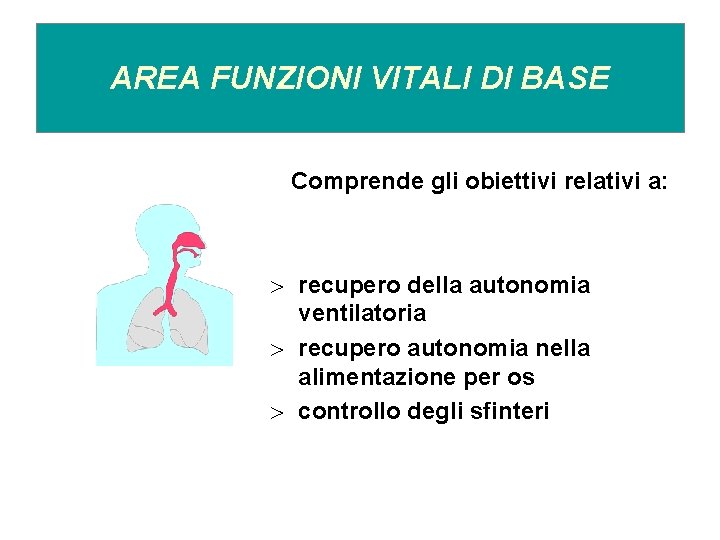 AREA FUNZIONI VITALI DI BASE Comprende gli obiettivi relativi a: > recupero della autonomia