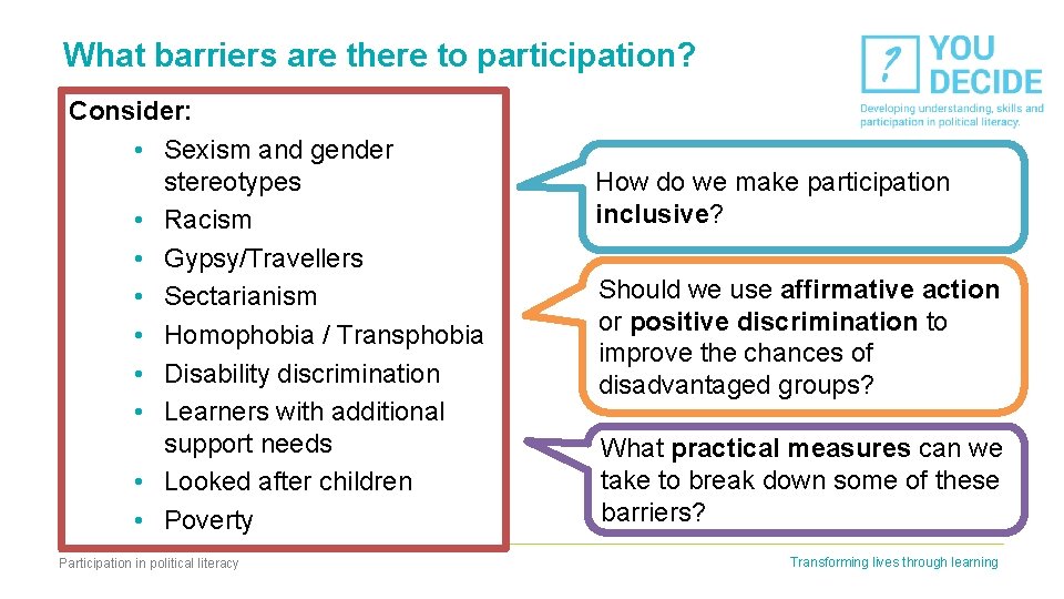 What barriers are there to participation? Consider: • Sexism and gender stereotypes • Racism