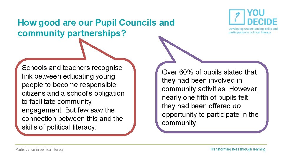 How good are our Pupil Councils and community partnerships? Schools and teachers recognise link