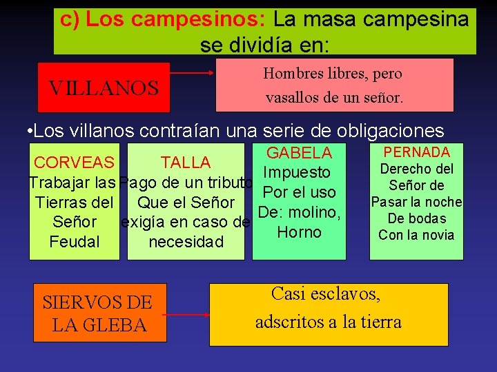 c) Los campesinos: La masa campesina se dividía en: VILLANOS Hombres libres, pero vasallos