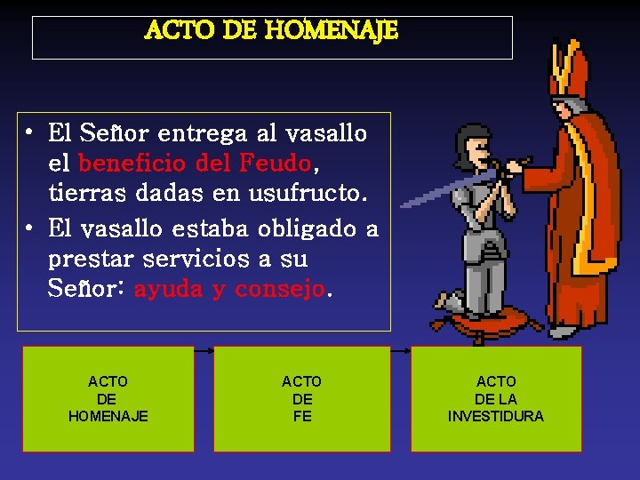 ACTO DE HOMENAJE • El Señor entrega al vasallo el beneficio del Feudo, tierras