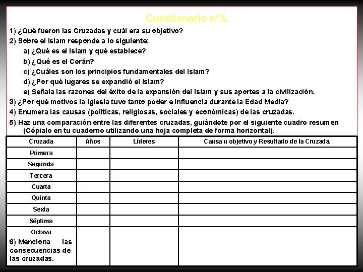 Cuestionario nº 3. 1) ¿Qué fueron las Cruzadas y cuál era su objetivo? 2)