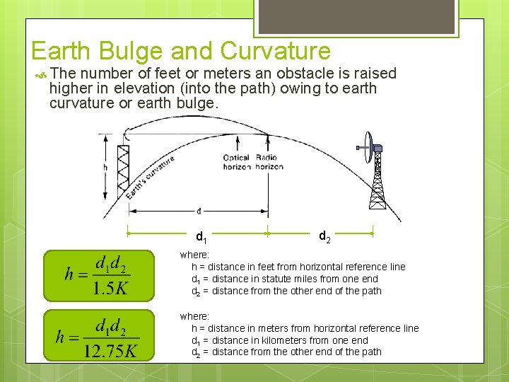 Earth Bulge and Curvature The number of feet or meters an obstacle is raised