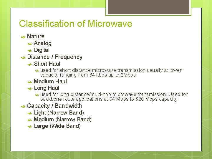 Classification of Microwave Nature Analog Digital Distance / Frequency Short Haul Medium Haul Long