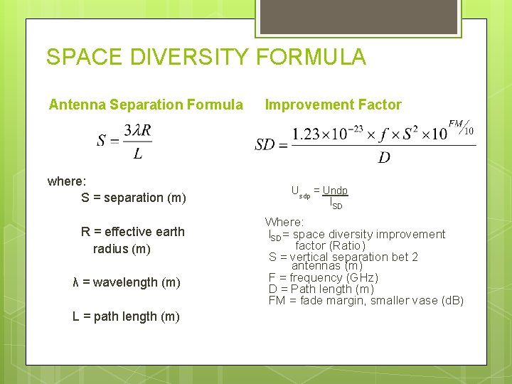 SPACE DIVERSITY FORMULA Antenna Separation Formula where: S = separation (m) R = effective