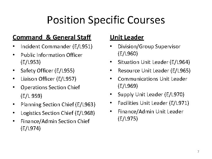 Position Specific Courses Command & General Staff Unit Leader • Incident Commander (E/L 951) Position Specific Courses Command & General Staff Unit Leader • Incident Commander (E/L 951)