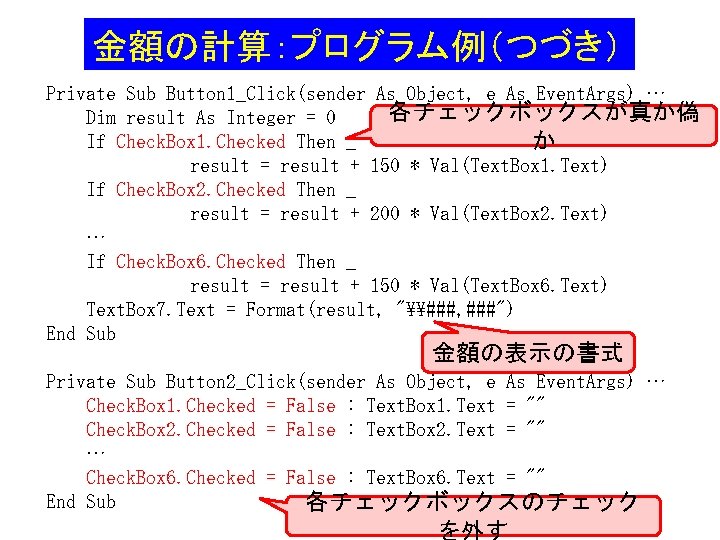 金額の計算:プログラム例(つづき) Private Sub Button 1_Click(sender As Object, e As Event. Args) … 各チェックボックスが真か偽 Dim 金額の計算:プログラム例(つづき) Private Sub Button 1_Click(sender As Object, e As Event. Args) … 各チェックボックスが真か偽 Dim