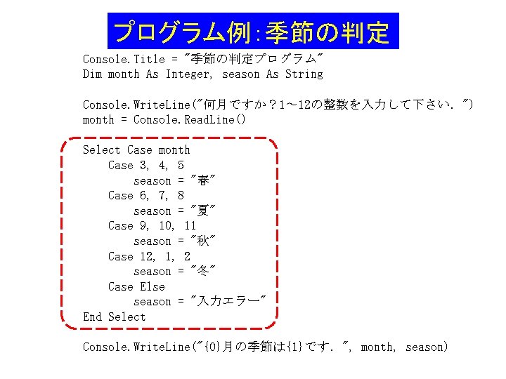 プログラム例:季節の判定 Console. Title = "季節の判定プログラム" Dim month As Integer, season As String Console. Write. プログラム例:季節の判定 Console. Title = "季節の判定プログラム" Dim month As Integer, season As String Console. Write.