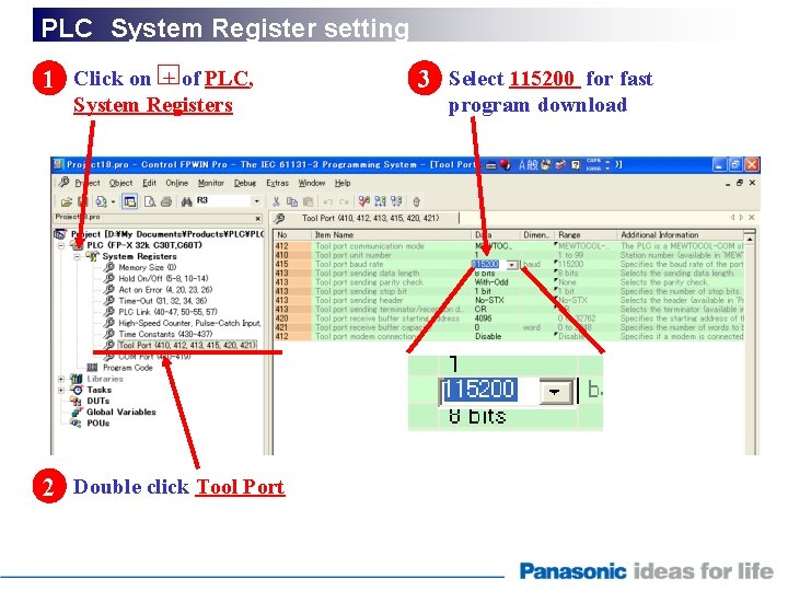 PLC　System Register setting 1 Click on + of PLC, System Registers 2 Double click