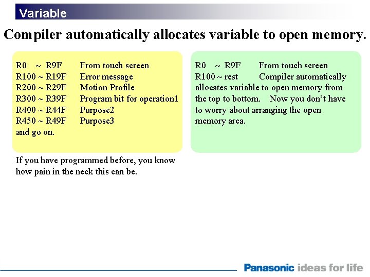 Variable Compiler automatically allocates variable to open memory. R 0 ~ R 9 F