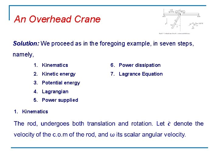 An Overhead Crane Solution: We proceed as in the foregoing example, in seven steps,