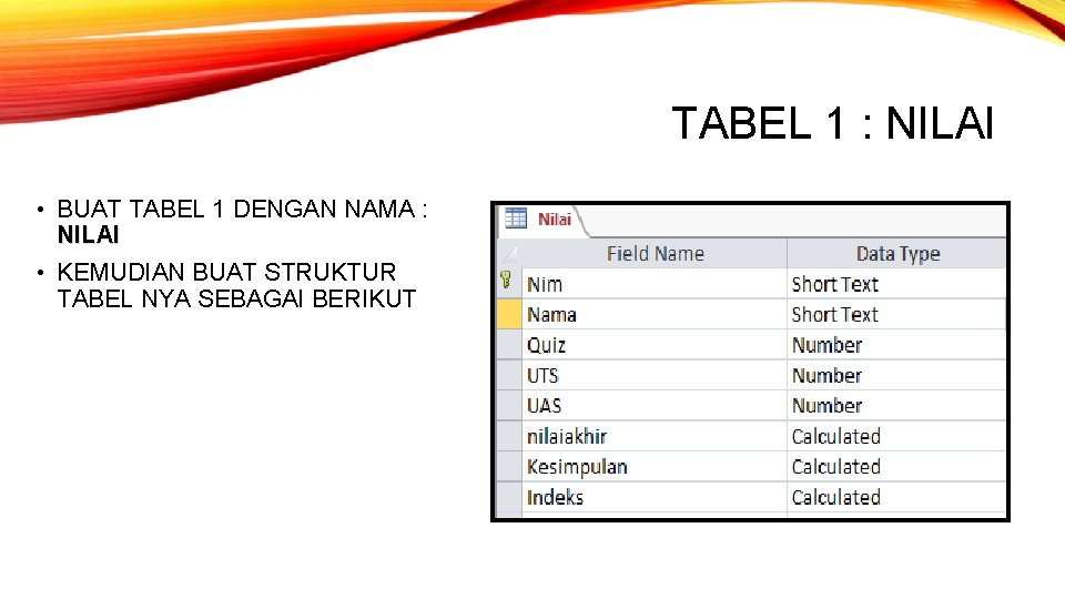 TABEL 1 : NILAI • BUAT TABEL 1 DENGAN NAMA : NILAI • KEMUDIAN