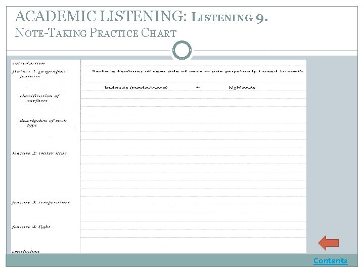 ACADEMIC LISTENING: LISTENING 9. NOTE TAKING PRACTICE CHART Contents 