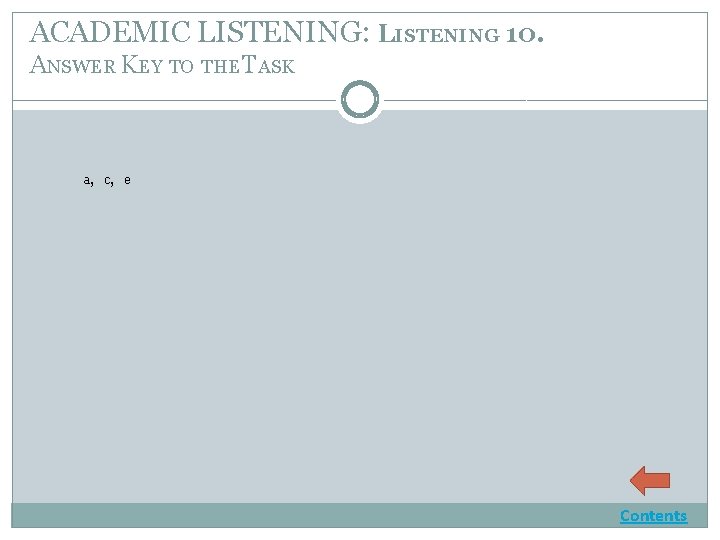 ACADEMIC LISTENING: LISTENING 10. ANSWER KEY TO THE TASK a, c, e Contents 