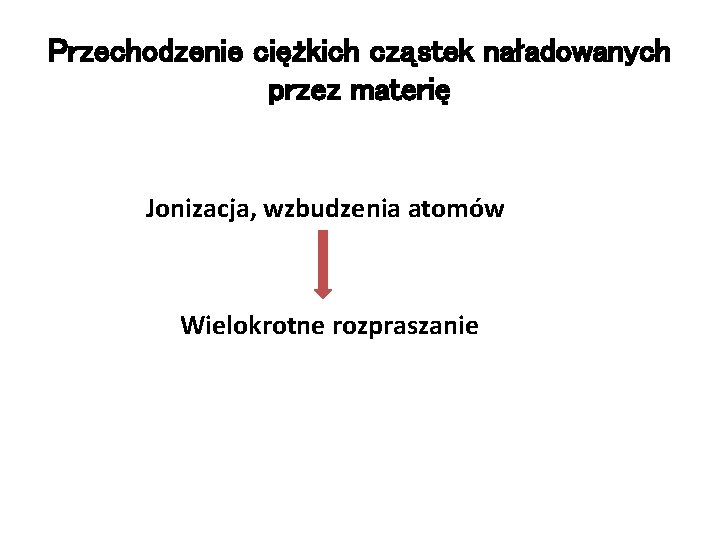 Przechodzenie ciężkich cząstek naładowanych przez materię Jonizacja, wzbudzenia atomów Wielokrotne rozpraszanie Przechodzenie ciężkich cząstek naładowanych przez materię Jonizacja, wzbudzenia atomów Wielokrotne rozpraszanie