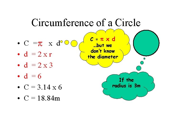 Circumference of a Circle • • • C = x d d =2 xr